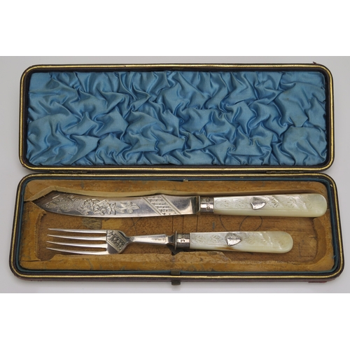 577 - A Victorian silver bladed fruit knife and fork set, maker Martin, Hall & Co (Richard Martin & Ebenez... 