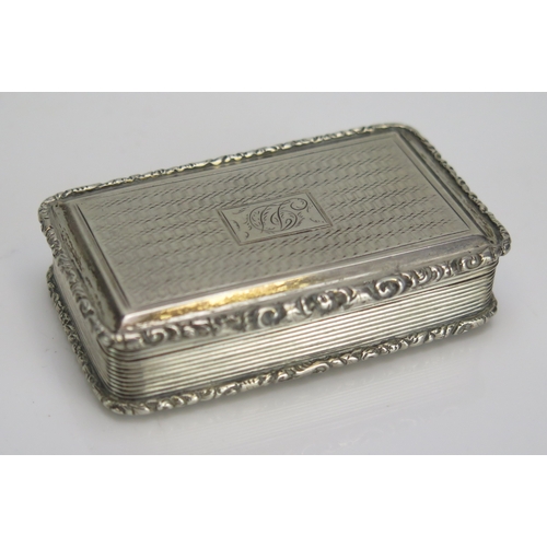579 - A William IV silver snuff box, maker Nathaniel Mills, Birmingham, 1834, monogrammed, of rectangular ... 