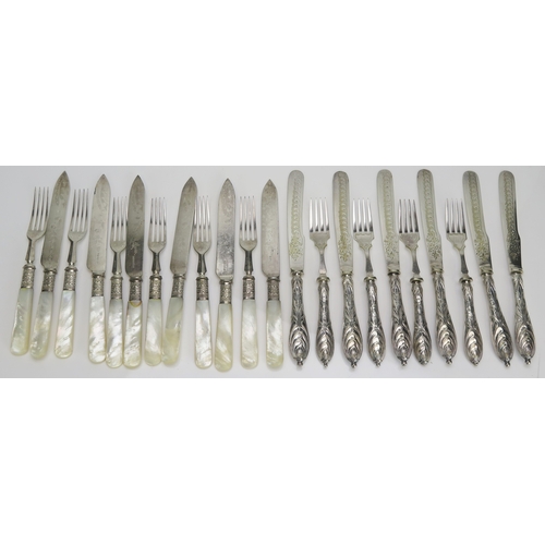 595 - A collection of silver handled and mother-of-pearl handles fruit knives and forks.