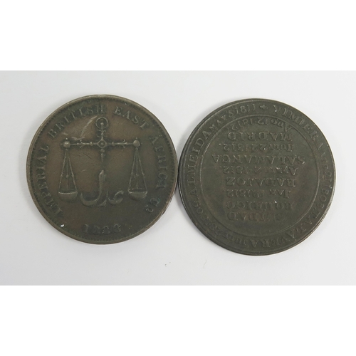 653 - Canada 1812 Wellington Halfpenny token and an 1886 Mombasa 1 pice and stamps