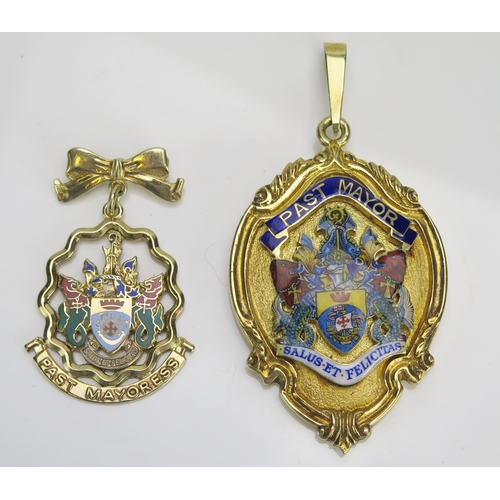 585 - A Silver gilt and enamelled pendant for past Mayor, together with another silver gilt and enamel may... 