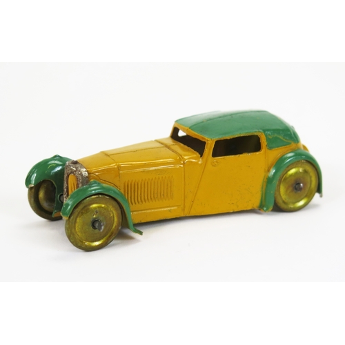 Dinky Toys Pre-War Hornby Series 22b Closed Sports Coupe in yellow with green roof and wheel arches, gold wash wheels, 'Hornby Series' cast to underside of bonnet - excellent