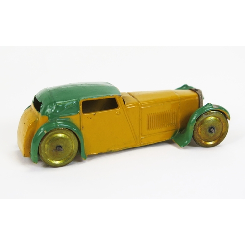 1336 - Dinky Toys Pre-War Hornby Series 22b Closed Sports Coupe in yellow with green roof and wheel arches,... 