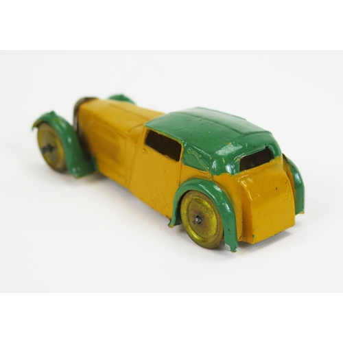 1336 - Dinky Toys Pre-War Hornby Series 22b Closed Sports Coupe in yellow with green roof and wheel arches,... 
