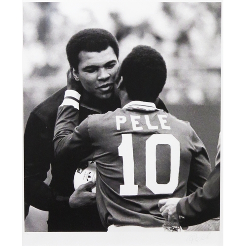 15 - Pele, signed monochrome photographic print of Mohamed Ali and Pele, signed in pencil to the margin, ... 