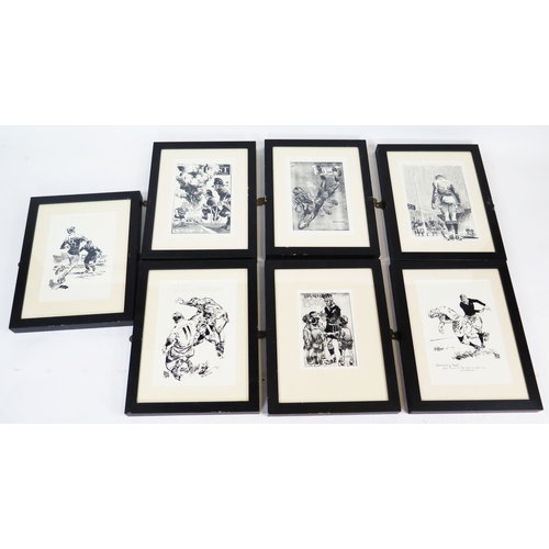 16 - A collection of seven monochrome rugby prints after Neville Colvin, including 'Smile Please', 'Hero ... 