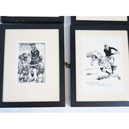 16 - A collection of seven monochrome rugby prints after Neville Colvin, including 'Smile Please', 'Hero ... 
