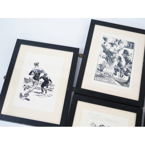 16 - A collection of seven monochrome rugby prints after Neville Colvin, including 'Smile Please', 'Hero ... 