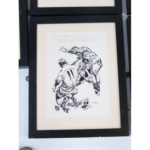 16 - A collection of seven monochrome rugby prints after Neville Colvin, including 'Smile Please', 'Hero ... 