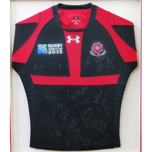 18B - Signed Georgia national rugby team shirt from 2015 Rugby World Cup, mounted and framed, overall size... 