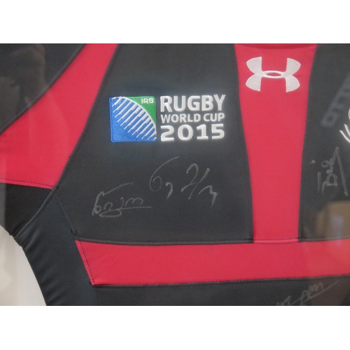 18B - Signed Georgia national rugby team shirt from 2015 Rugby World Cup, mounted and framed, overall size... 