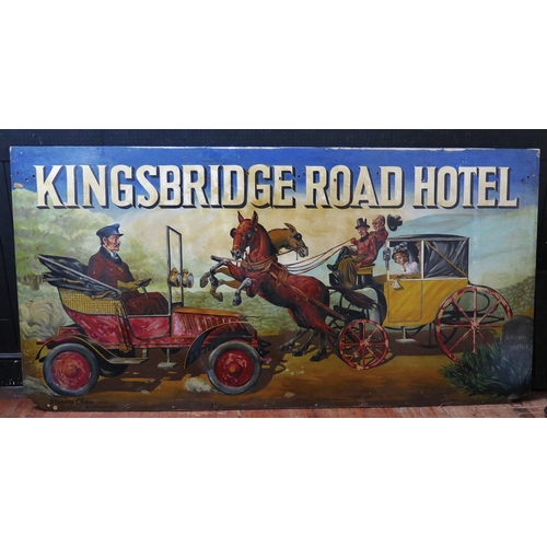 378 - Kingsbridge Road Hotel - A large painted wooden advertising sign depicting a horse drawn carriage be... 