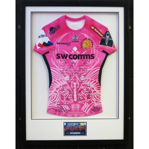 17B - Exeter Chiefs signed rugby shirt from the 2018 Anglo Welsh Cup, mounted, framed and glazed.