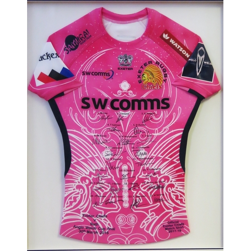 17B - Exeter Chiefs signed rugby shirt from the 2018 Anglo Welsh Cup, mounted, framed and glazed.