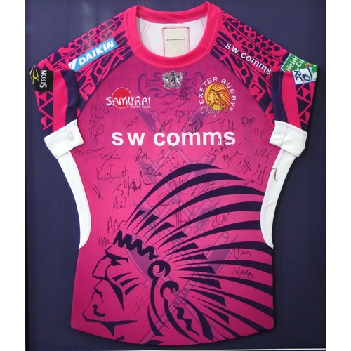 17C - Exeter Chiefs signed rugby shirt from the2012/13 season, mounted, framed and glazed.