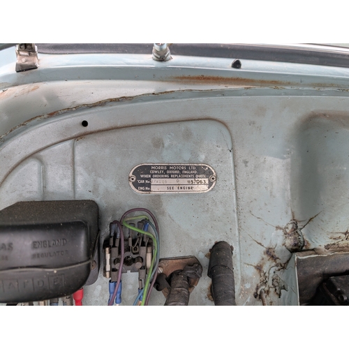 84A - 1966 Morris Minor 1000 2 Door KYA 258D, pale blue classic car, displaying 19,564 miles - car is runn... 