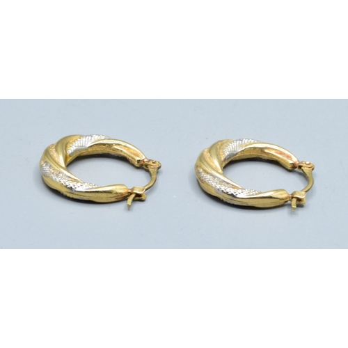 211 - 9ct gold ladies twin colour twist hoop earrings 2.0cm external diameter 0.5cm width at the base