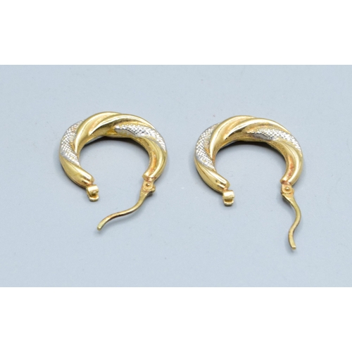 211 - 9ct gold ladies twin colour twist hoop earrings 2.0cm external diameter 0.5cm width at the base