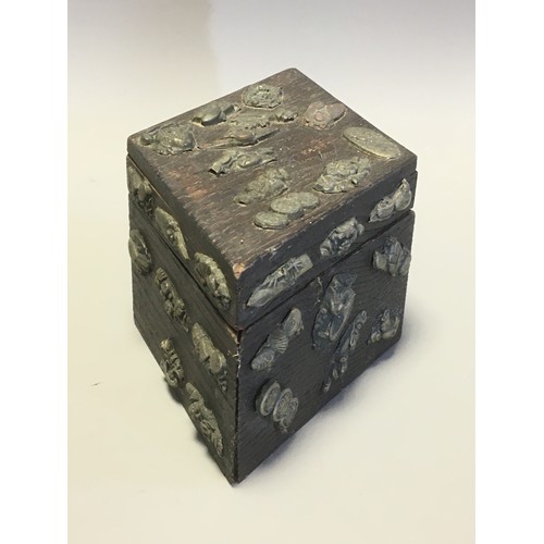 34 - Japanese Diamond Shaped Wooden Box Encrusted with Katana Menuki Sword Handle Decorations. Late Meiji... 