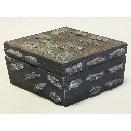 34 - Japanese Diamond Shaped Wooden Box Encrusted with Katana Menuki Sword Handle Decorations. Late Meiji... 
