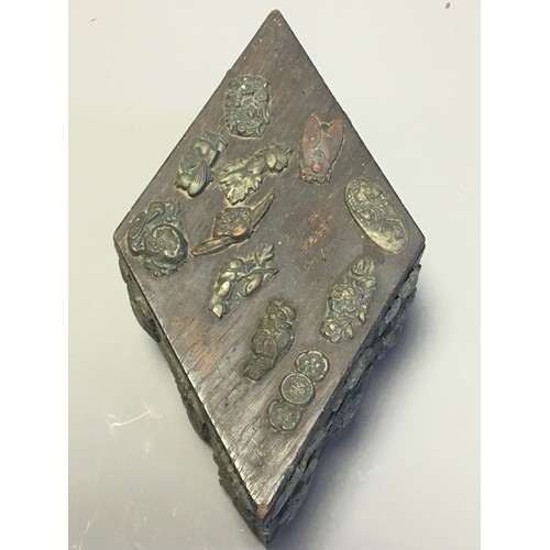 34 - Japanese Diamond Shaped Wooden Box Encrusted with Katana Menuki Sword Handle Decorations. Late Meiji... 