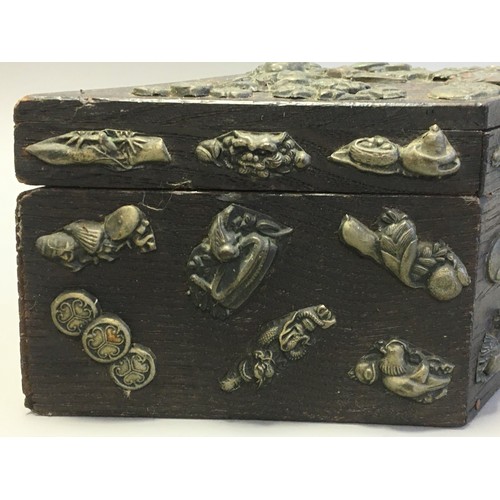 34 - Japanese Diamond Shaped Wooden Box Encrusted with Katana Menuki Sword Handle Decorations. Late Meiji... 