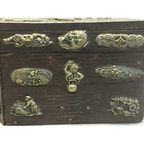 34 - Japanese Diamond Shaped Wooden Box Encrusted with Katana Menuki Sword Handle Decorations. Late Meiji... 