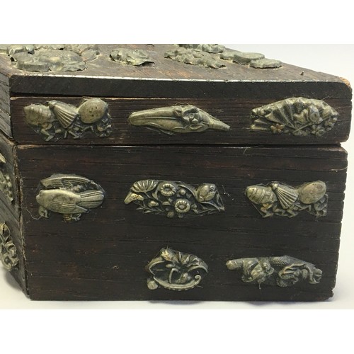 34 - Japanese Diamond Shaped Wooden Box Encrusted with Katana Menuki Sword Handle Decorations. Late Meiji... 