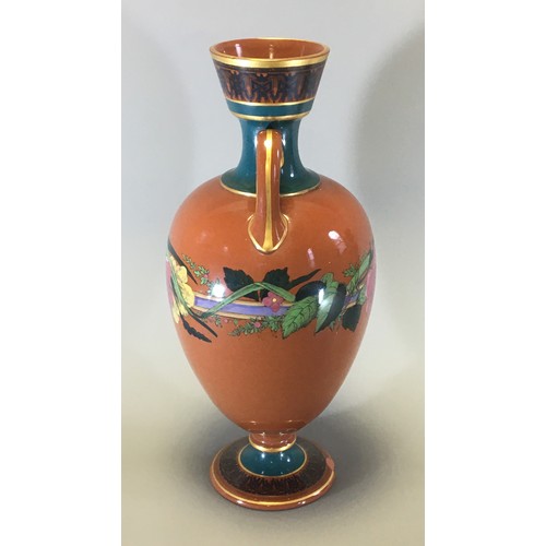 41 - Tall and Unusual Davenport Longport Staffs Amphora Shaped Vase. Floral Swag Motif on a Terracotta Gr... 