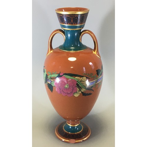 41 - Tall and Unusual Davenport Longport Staffs Amphora Shaped Vase. Floral Swag Motif on a Terracotta Gr... 