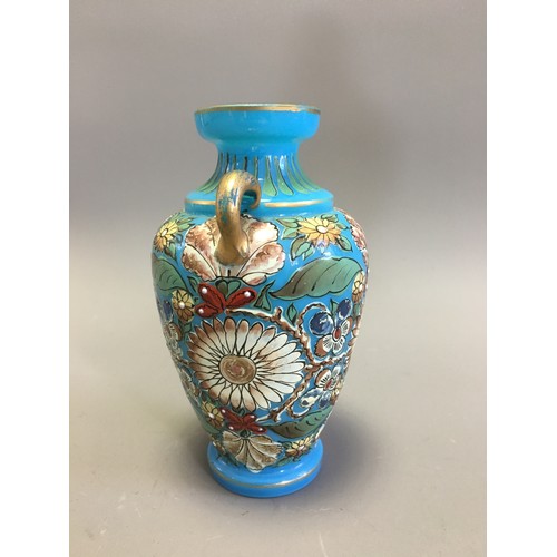 52 - Bohemian Enameled and Hand Painted Blue Glass Twin Handled Vase.H 15cm
