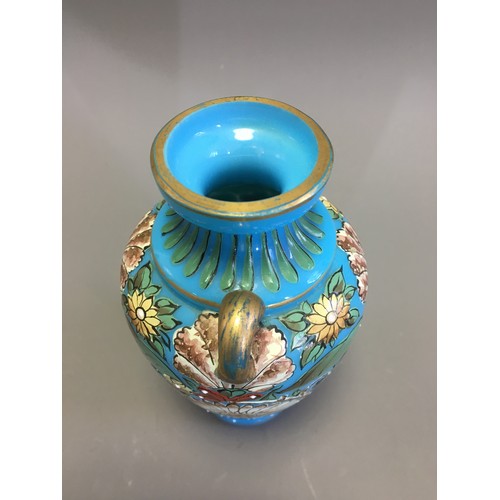 52 - Bohemian Enameled and Hand Painted Blue Glass Twin Handled Vase.H 15cm