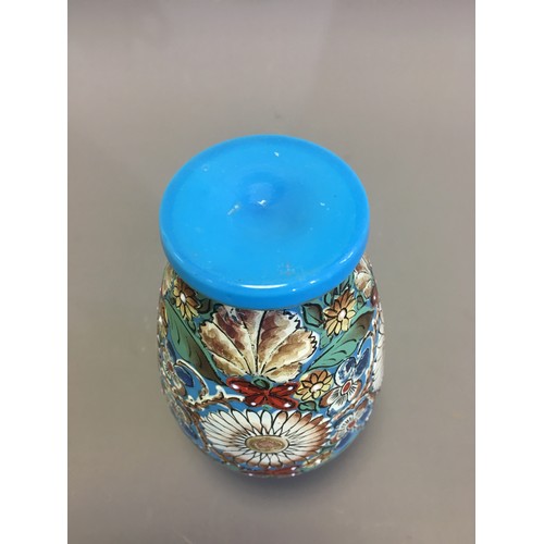 52 - Bohemian Enameled and Hand Painted Blue Glass Twin Handled Vase.H 15cm