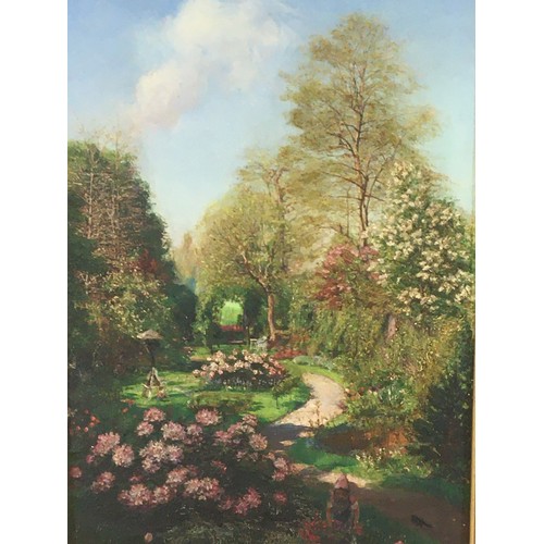 69 - Attributed to Johan Miedema (1870-1952) Oil on stone plaque, Flower garden with Gnome figure kneelin... 