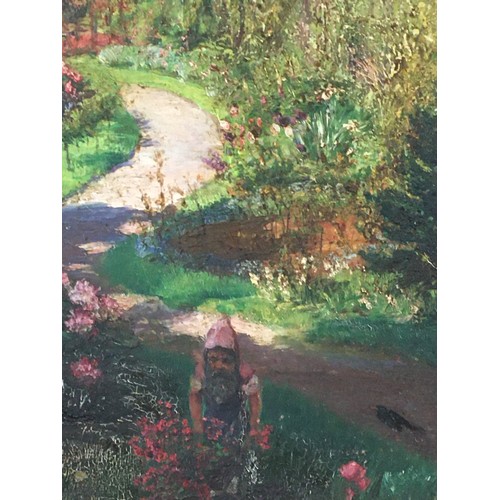 69 - Attributed to Johan Miedema (1870-1952) Oil on stone plaque, Flower garden with Gnome figure kneelin... 