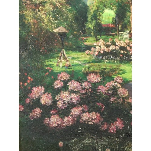69 - Attributed to Johan Miedema (1870-1952) Oil on stone plaque, Flower garden with Gnome figure kneelin... 