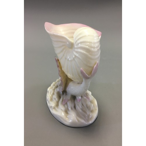 44 - 19th Century Belleek Black Mark Flying Fish and Cornucopia Vase Iridescent Glaze with Rose tinted de... 