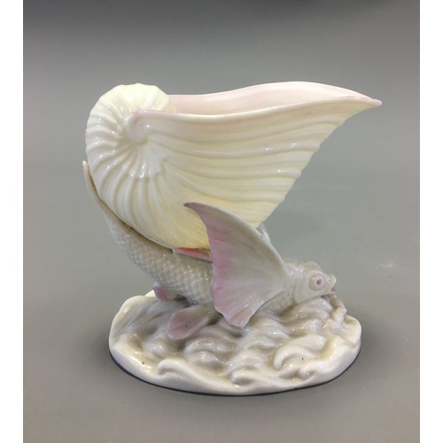 44 - 19th Century Belleek Black Mark Flying Fish and Cornucopia Vase Iridescent Glaze with Rose tinted de... 