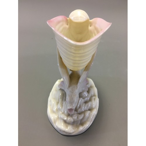 44 - 19th Century Belleek Black Mark Flying Fish and Cornucopia Vase Iridescent Glaze with Rose tinted de... 