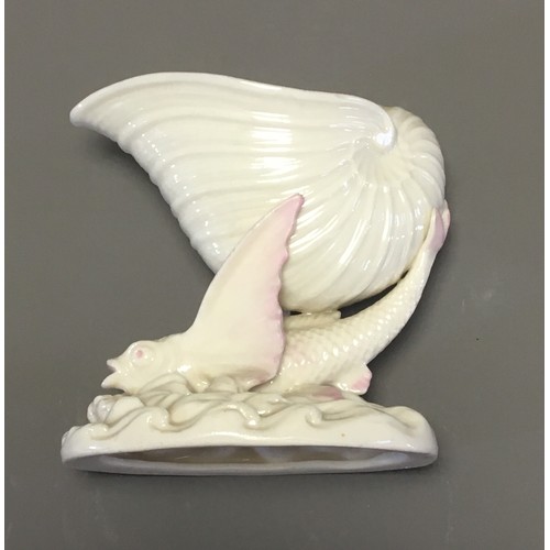 44 - 19th Century Belleek Black Mark Flying Fish and Cornucopia Vase Iridescent Glaze with Rose tinted de... 