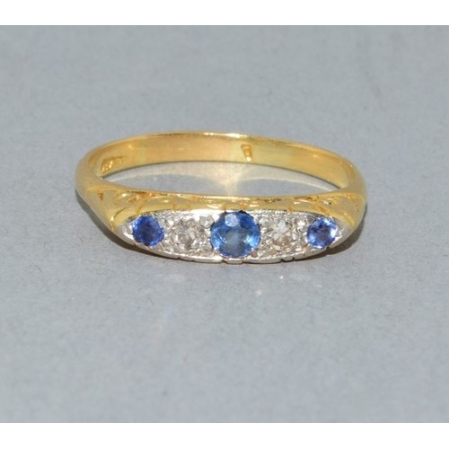 209 - 18ct gold ladies antique Diamond and sapphire boat ring in a scroll setting size P. 2.9grams