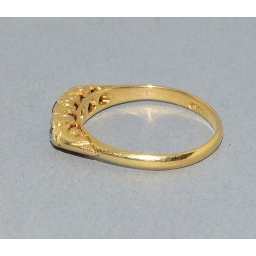 209 - 18ct gold ladies antique Diamond and sapphire boat ring in a scroll setting size P. 2.9grams
