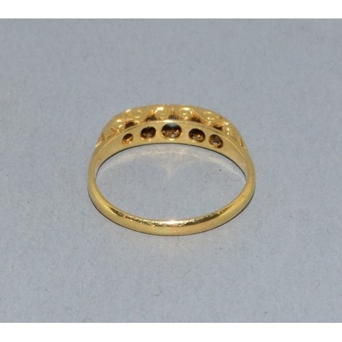 209 - 18ct gold ladies antique Diamond and sapphire boat ring in a scroll setting size P. 2.9grams