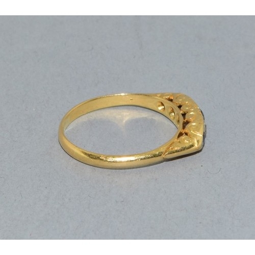 209 - 18ct gold ladies antique Diamond and sapphire boat ring in a scroll setting size P. 2.9grams