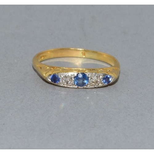 209 - 18ct gold ladies antique Diamond and sapphire boat ring in a scroll setting size P. 2.9grams