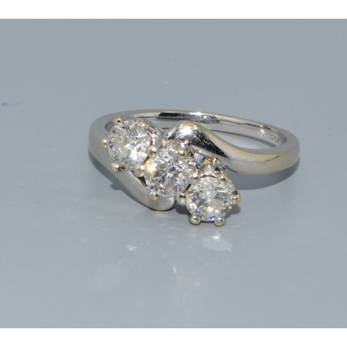 18ct white gold ladies 3 stone natural diamond twist ring Hall marked in the ring as diamond at 1ct reflecting good light size N