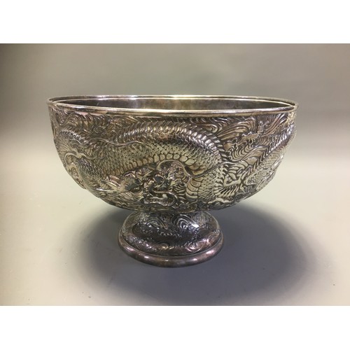 113 - Large and Heavy Oriental Silver plated Antimony and Lead Alloy Punch Bowl Profusely Decorated with W... 