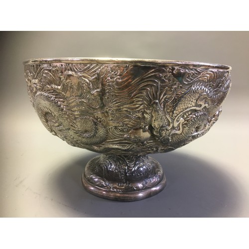 113 - Large and Heavy Oriental Silver plated Antimony and Lead Alloy Punch Bowl Profusely Decorated with W... 
