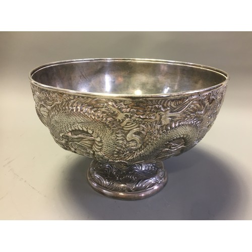 113 - Large and Heavy Oriental Silver plated Antimony and Lead Alloy Punch Bowl Profusely Decorated with W... 