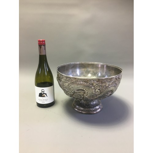 113 - Large and Heavy Oriental Silver plated Antimony and Lead Alloy Punch Bowl Profusely Decorated with W... 
